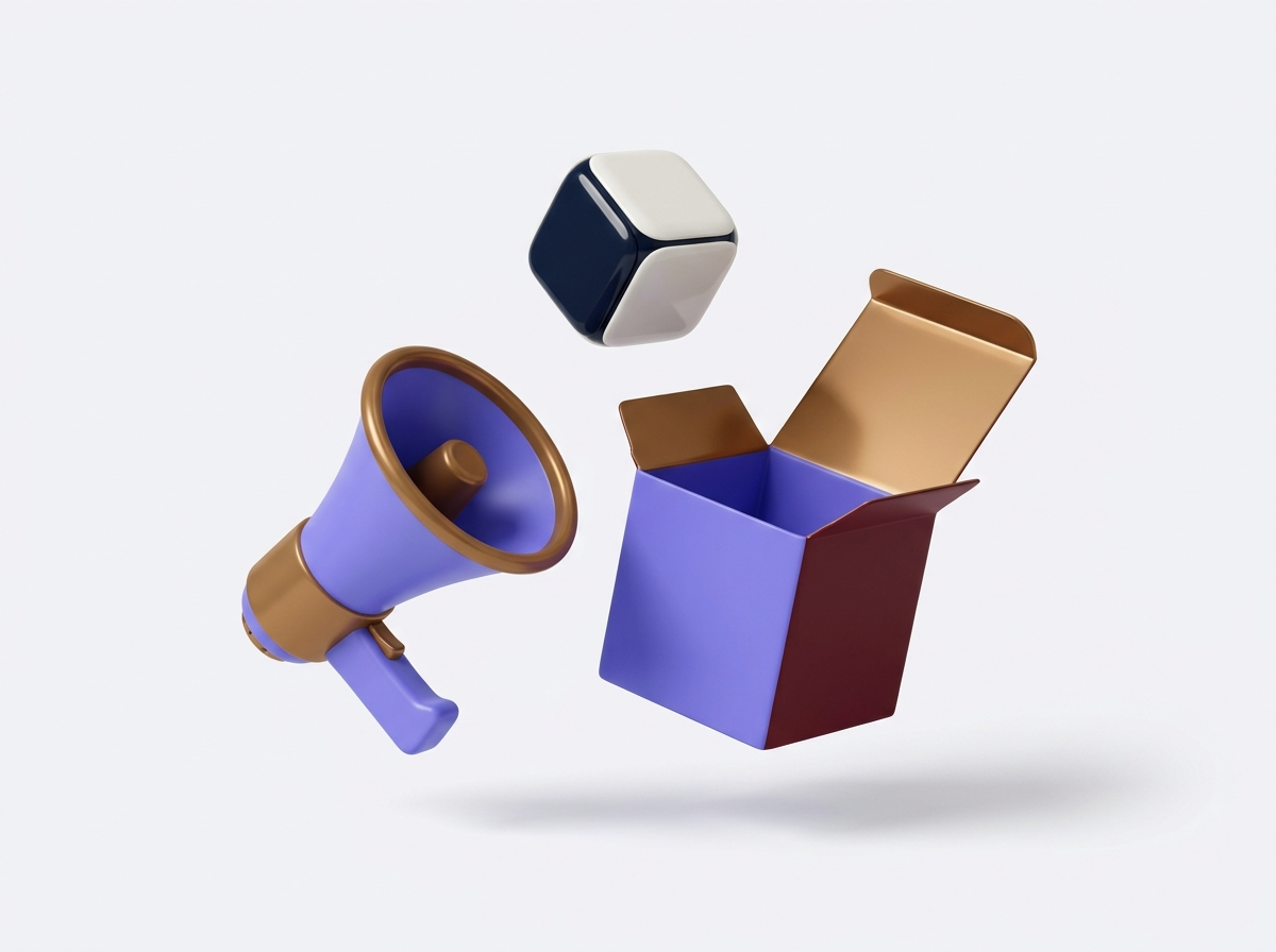 3D clay illustration of a megaphone beside an open product box