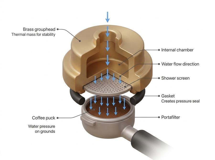 Cutaway of a brass grouphead showing water flowing through the internal chamber and shower screen, past the gasket seal, onto the coffee puck in the portafilter