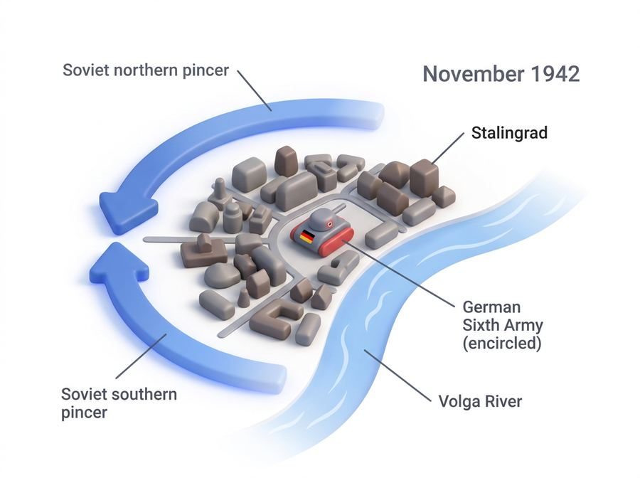 Stylised map of November 1942 showing Soviet northern and southern pincer arrows encircling the German Sixth Army in Stalingrad beside the Volga River